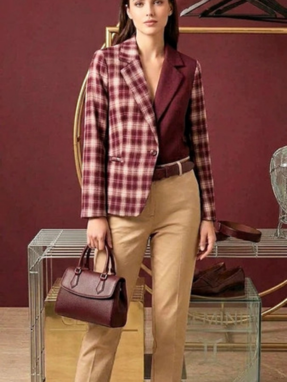 219 Made In Italy Women's Half Plaid  Burgundy & Half Solid Blazer Jacket